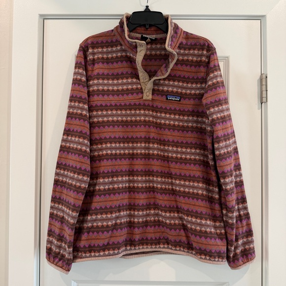 Patagonia Women’s Micro-D Snap-T Fleece in Pink Diamond Stripe Sisu Brown sz XL - Picture 4 of 11